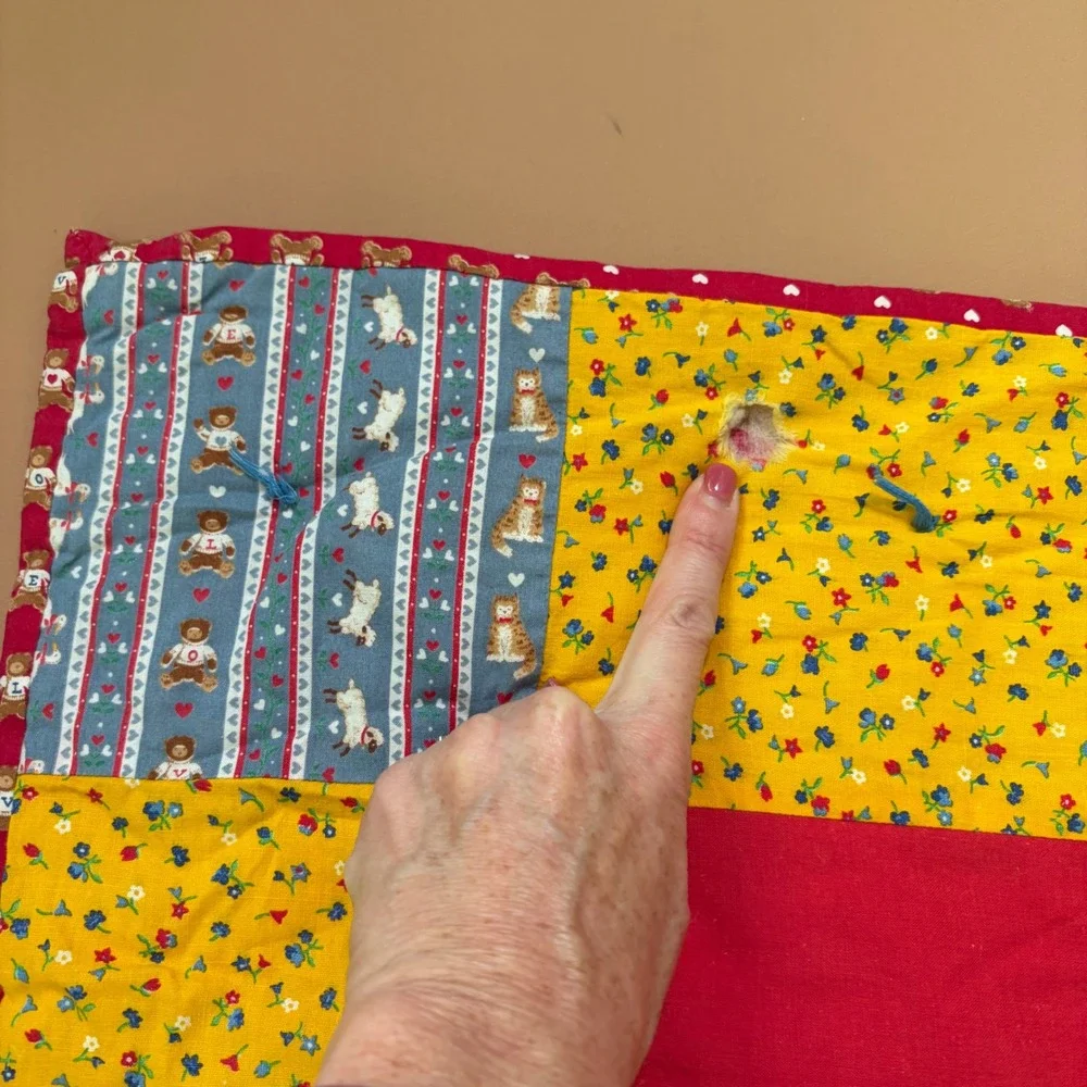 Vtg Handmade Baby Quilt Teddy Bear Hot Air Balloon Red Yellow Blue Patch Flaw